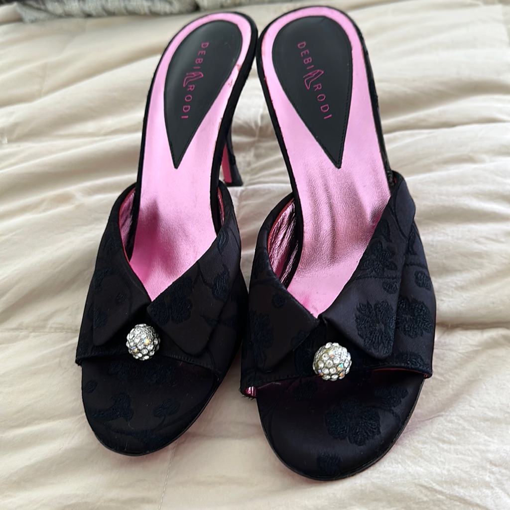 Debi Rodi Black Satin Mules.. Heel Height Is 3 Inches